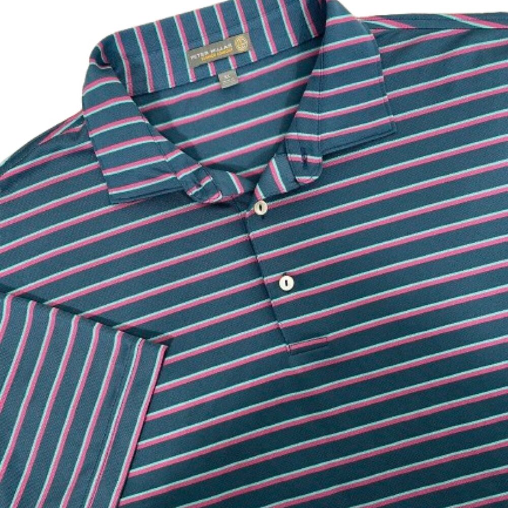 Peter Millar Summer Comfort Striped Golf Polo Shirt Size XL Dark Teal/Pink